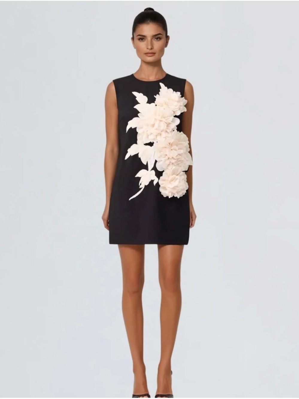 Black Mini Dress with Cream Floral Appliqué